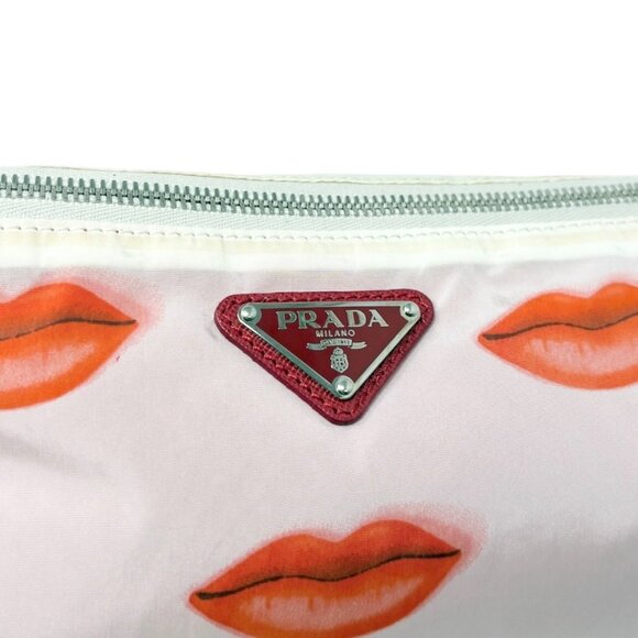 PRADA Vintage Triangle Logo Lip Print Shopping Tote Bag Pouch White Red [106202] - Picture 13 of 16